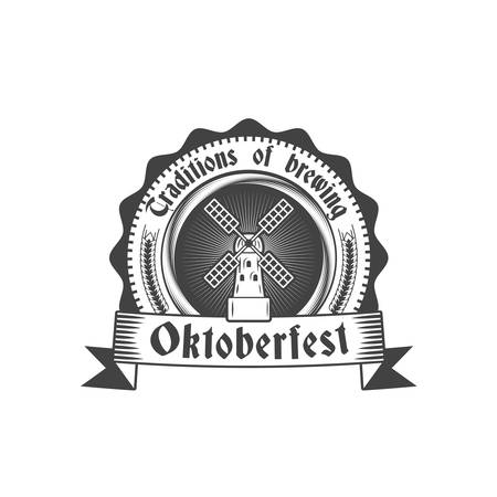 Oktoberfest celebration. Beer festival retro style badge, label, emblem. Black on white background. Vector illustration. Beer label templateのイラスト素材
