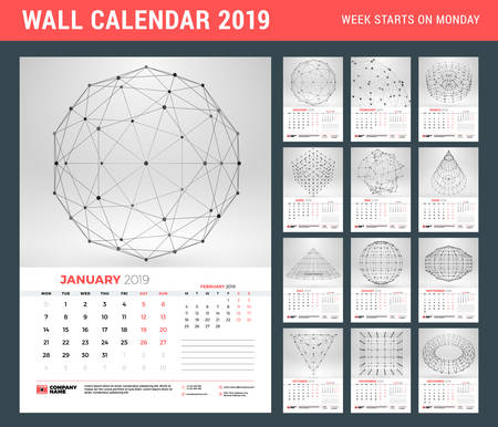 Wall calendar template for 2019 year with abstract geometric background. Week starts on Monday. Vector illustrationのイラスト素材
