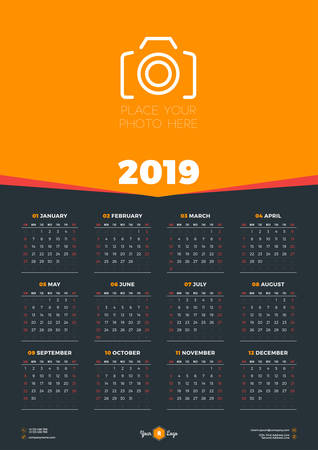Calendar design template for 2019 year. Week starts on Sunday. Stationery design. Vector calendar poster with place for photoのイラスト素材