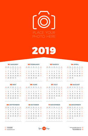 Calendar design template for 2019 year. Week starts on Sunday. Stationery design. Vector calendar poster with place for photoのイラスト素材