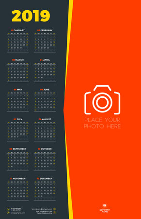 Calendar design template for 2019 year. Week starts on Sunday. Stationery design. Vector calendar poster with place for photoのイラスト素材