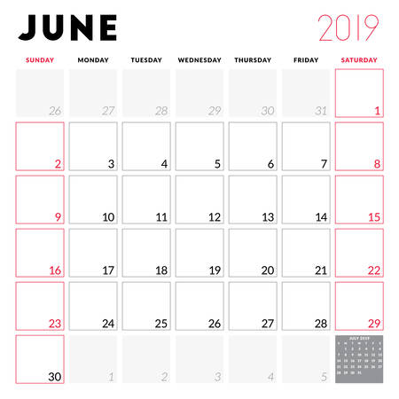 Calendar planner for June 2019. Week starts on Sunday. Printable vector stationery design templateのイラスト素材