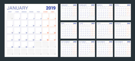 Calendar planner for 2019 year. Week starts on Monday. Set of 12 months. Printable vector stationery design templateのイラスト素材