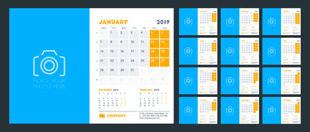 Desk calendar for 2019 year. Design template with place for photo. Week starts on Monday. Set of 12 pages and cover. Vector illustrationのイラスト素材