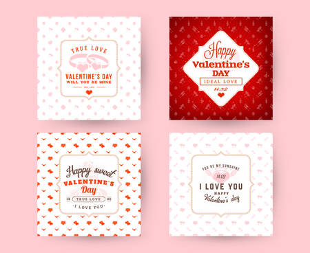 Set of Happy Valentines Day typography greeting cards. Vector design template with seamless background and romantic signsのイラスト素材
