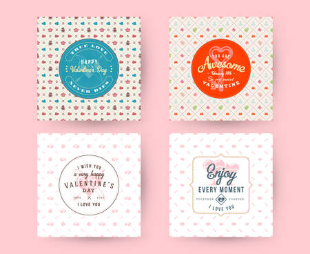 Set of Happy Valentines Day typography greeting cards. Vector design template with seamless background and romantic signsのイラスト素材