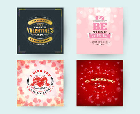 Set of Happy Valentines Day typography greeting cards. Vector design template with seamless background and romantic signsのイラスト素材