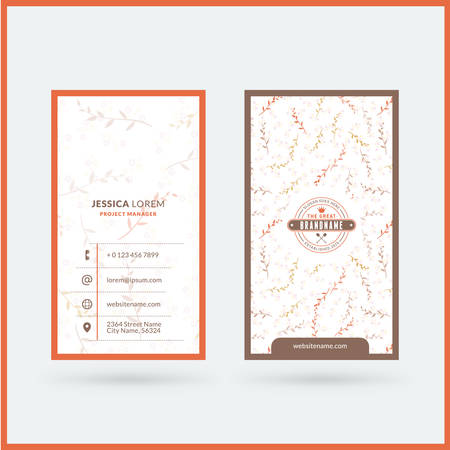 Double-sided vertical modern business card template with cute floral background. Vector mockup illustration. Stationery designのイラスト素材