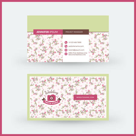 Double-sided horizontal modern business card template with cute floral background. Vector mockup illustration. Stationery designのイラスト素材