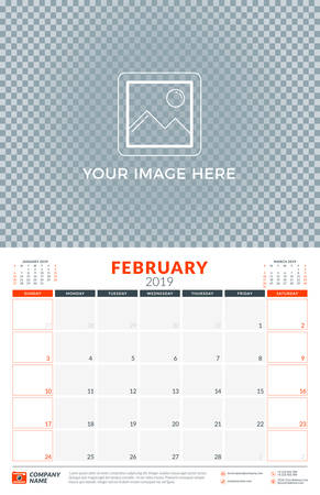 Wall calendar planner template for 2019 year. February 2019. Week starts on Sunday. Vector illustrationのイラスト素材