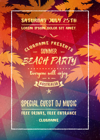 Summer night party flyer or poster. Vector design template with colorful abstract background. Dance club event layout templateのイラスト素材