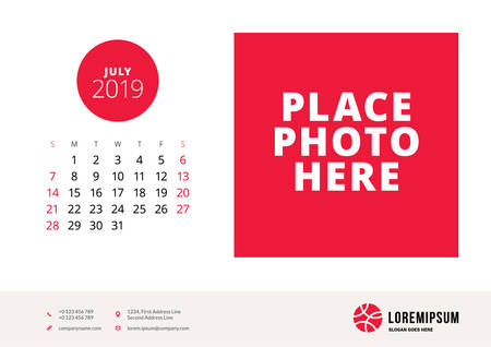 July 2019. Desk calendar design template with place for photo. Week starts on Sunday. Vector illustrationのイラスト素材
