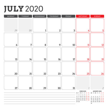 Calendar planner for July 2020. Week starts on Monday. Printable vector stationery design templateのイラスト素材