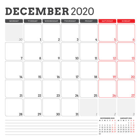 Calendar planner for December 2020. Week starts on Monday. Printable vector stationery design templateのイラスト素材