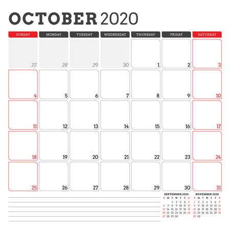 Calendar planner for October 2020. Week starts on Sunday. Printable vector stationery design templateのイラスト素材