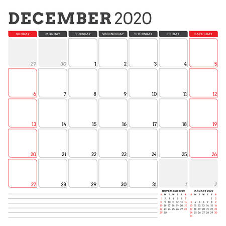 Calendar planner for December 2020. Week starts on Sunday. Printable vector stationery design templateのイラスト素材