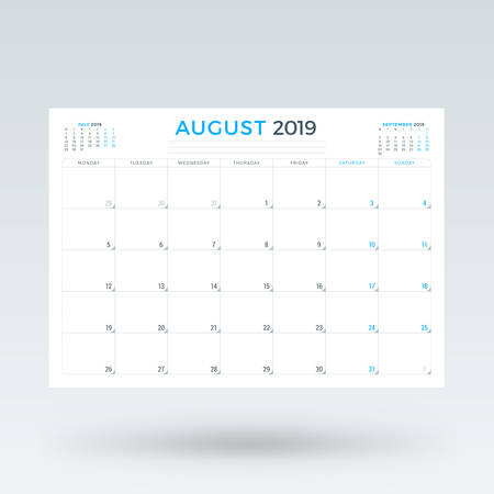 Calendar planner for August 2019. Stationery design template. Vector illustrationのイラスト素材