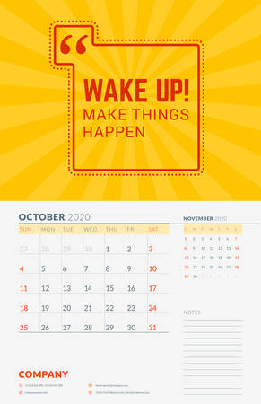 Wall calendar template for October 2020. Vector design print template with typographic motivational quote. Week starts on Sundayのイラスト素材