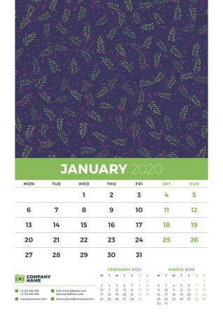 Wall calendar template for January 2020. Week starts on Monday. Design template with cute floral pattern. Vector illustrationのイラスト素材