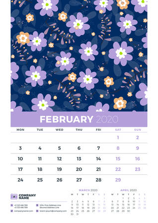 Wall calendar template for February 2020. Week starts on Monday. Design template with cute floral pattern. Vector illustrationのイラスト素材