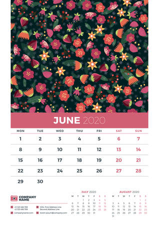 Wall calendar template for June 2020. Week starts on Monday. Design template with cute floral pattern. Vector illustrationのイラスト素材