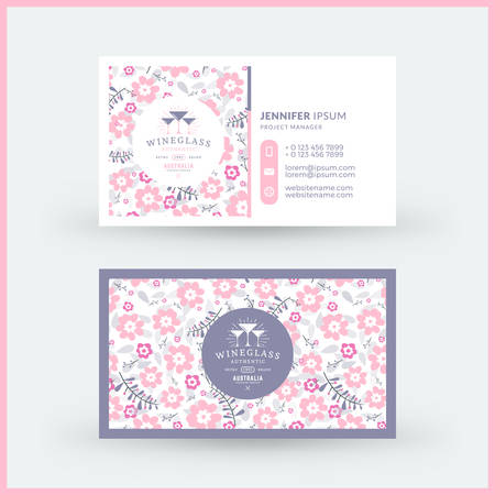 Double-sided horizontal modern business card template with cute floral background. Vector mockup illustration. Stationery designのイラスト素材