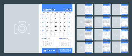 Desk calendar planner template for 2020 year. Set of 12 pages. Week starts on Sunday. Vector illustrationのイラスト素材