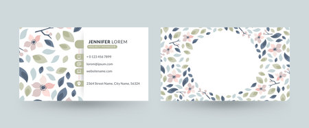 Double-sided horizontal business card template with cute floral background. Vector mockup illustration. Stationery designのイラスト素材