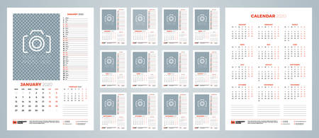 Wall calendar template for 2020 year. Week starts on Monday. Vector illustrationのイラスト素材