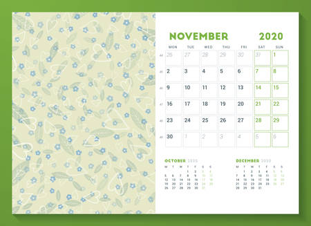 Desk calendar template for November 2020. Week starts on Monday. Design template with cute floral pattern. Vector illustrationのイラスト素材