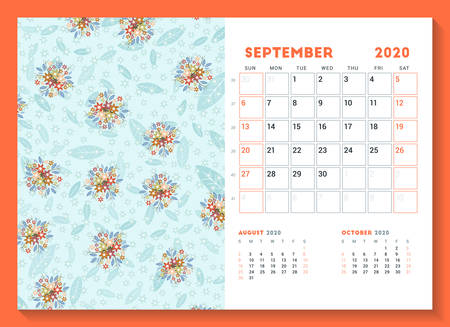 Desk calendar template for September 2020. Week starts on Sunday. Design template with cute floral pattern. Vector illustrationのイラスト素材