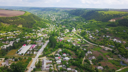 very beautiful top view of a small village, mountains and nature. quadcopter photoの写真素材