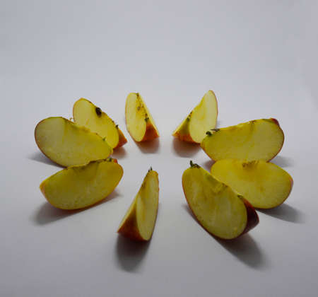 sliced ââand folded in a circle apple slices on a white backgroundの写真素材