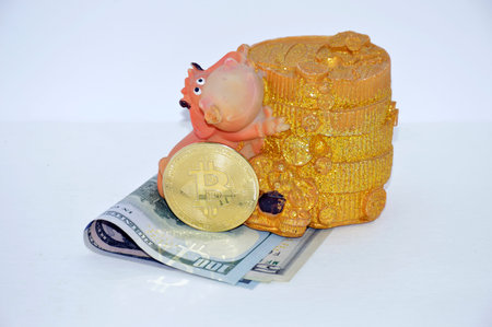 bitcoin gold coin is located on dollar bills, next to a piggy bank with a bull - a symbol of the...
