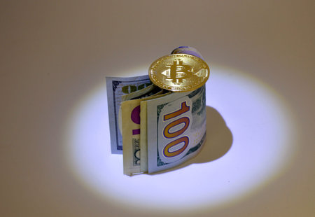 the bitcoin gold coin lies on dollars and is slightly backlit by a dim light