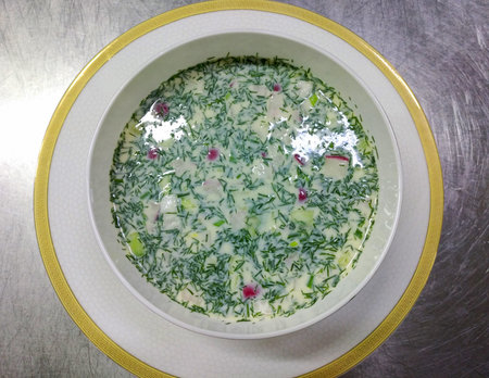 cold soup made from fresh vegetables, boiled eggs and boiled meat, sprinkled with chopped dillの写真素材