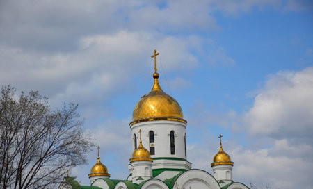 golden domes and crosses of the orthodox cathedral against the blue sky