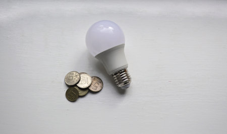 electric, economical, diode light bulb and Russian coins on a white backgroundの写真素材