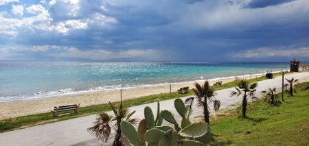 sea beach with palm trees on the shore and benches for relaxing. from above beautiful stormy sky with rays of the sun. the calm before the storm. beauty in natureの写真素材