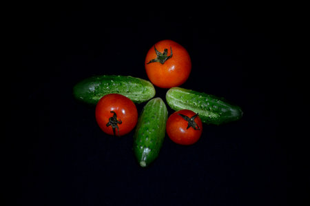 fresh vegetables tomatoes and cucumbers on a black background. tasty, wholesome, proper and healthy food. ripe vegetablesの写真素材