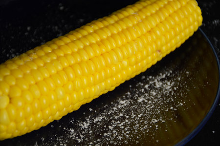 heads of boiled corn and grains of salt on a dark plate. ready to eat delicious vegetable. delicious and healthy dessert for children and adults. source of vitamins and fiberの写真素材