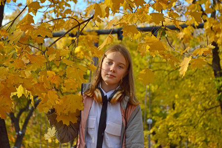 beautiful, cheerful girl on a walk in the autumn park. a child stands near a maple branch with yellow leaves enjoying the good weather, the beauty in nature and the warm autumn sunの写真素材