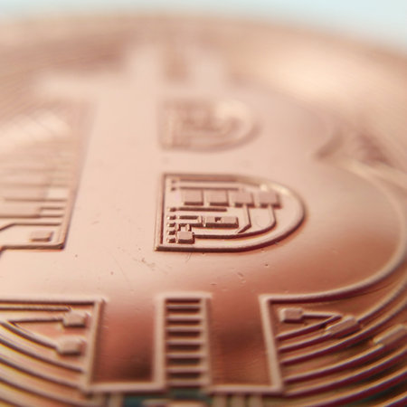 Bitcoin coin close up. Cryptocurrency, virtual money. Blockchain technology, bitcoin mining concept. refusal of cash and transition to virtual currency and electronic paymentsの写真素材