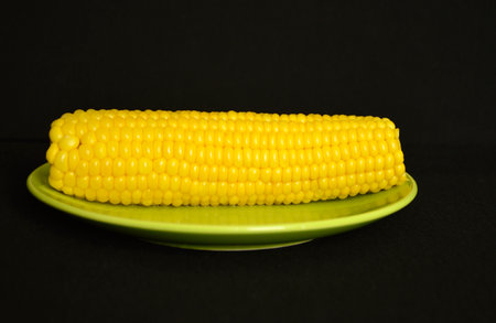 Boiled corn on a green plate on a dark background. Ready to eat tasty vegetable. Delicious and healthy dessert for children and adults. Source of vitamins and fiberの写真素材