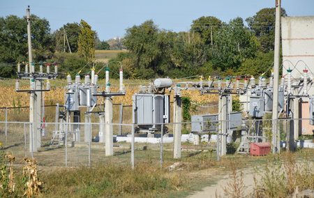 electrical substation with transformers and wires. power supply of pumping station with energy for...