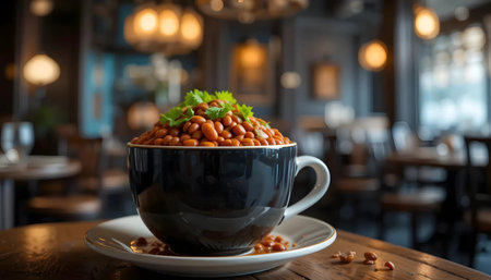 Close-up view of baked beans served in an oversized teacup on a wooden table in a restaurant setting.  Warm lighting and blurred backgroundの素材