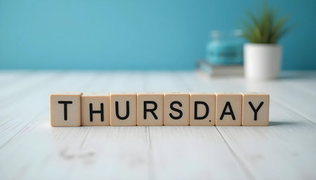Wooden blocks spelling Thursday on white table, blue background, plant and book out of focusの素材
