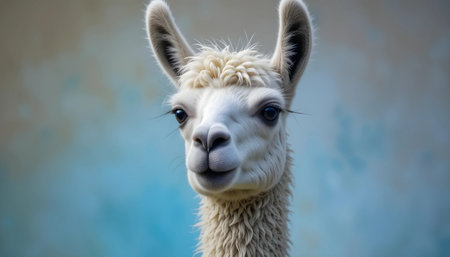 Close-up portrait of a white llama against a blurred teal background. The llama's soft fur and expressive eyes are highlightedの素材