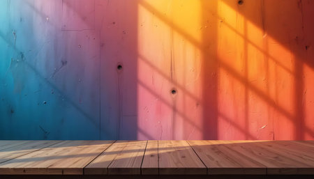 Vibrant rainbow wall with wood floor and window light. Colorful background with wooden surface, ideal for product display or design mockupsの素材