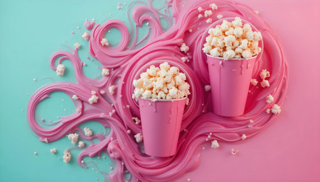 Two pink cups overflowing with popcorn rest on a vibrant pink and teal background featuring stylized swirls of paintの素材
